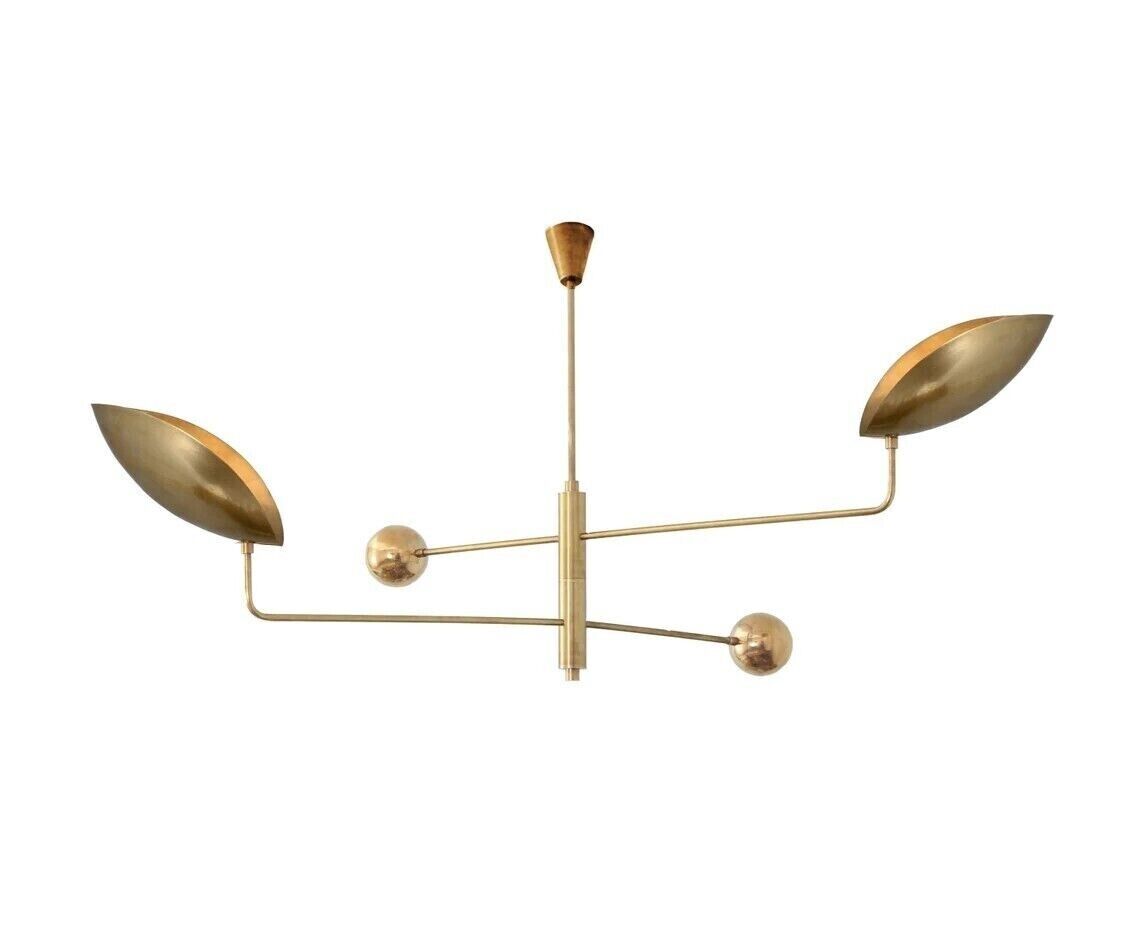 Handmade Mid Century Modern Raw Brass Sputnik Chandelier | 2-Light Curved Pendant
