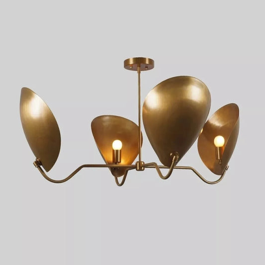 Stilnovo-style 4-light brass sputnik chandelier with curved disk shades