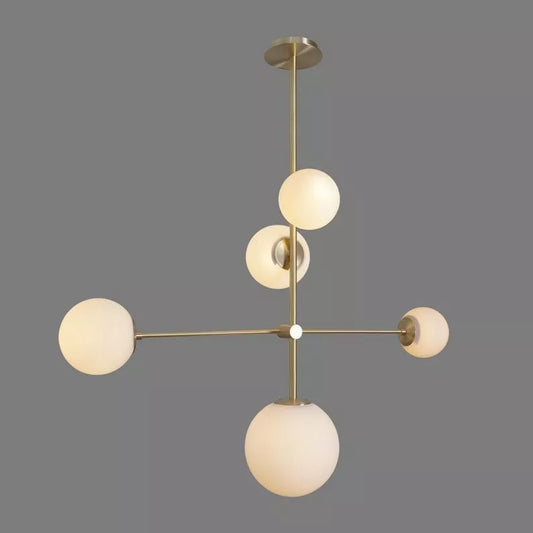 5 Globe Stilnovo Style Brass Sputnik Chandelier with Matte White Glass Globes