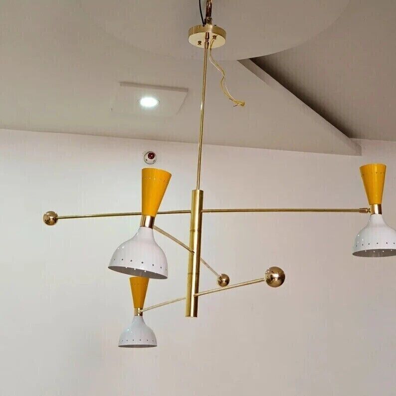 3 Arms Brass Mid Century Stilnovo Chandelier | Rotating Ceiling Light Fixture