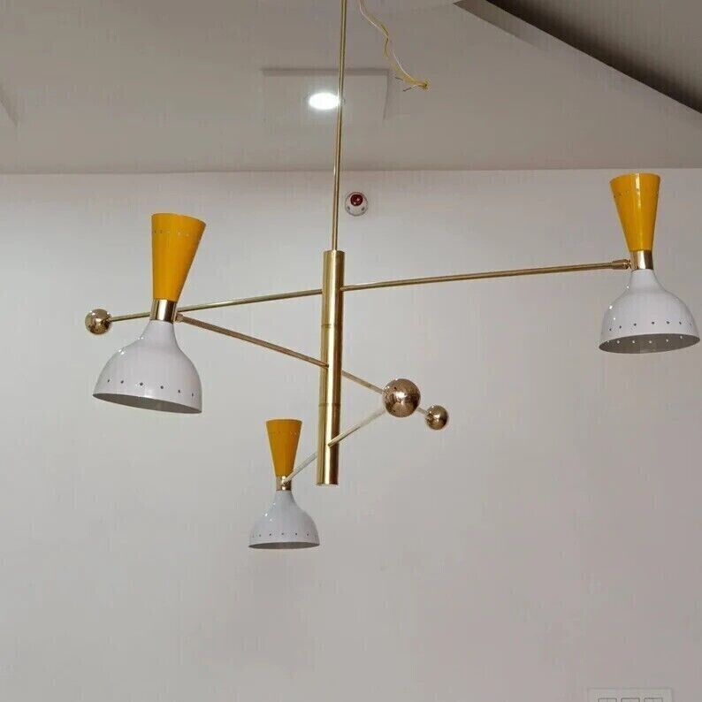 3 Arms Brass Mid Century Stilnovo Chandelier | Rotating Ceiling Light Fixture